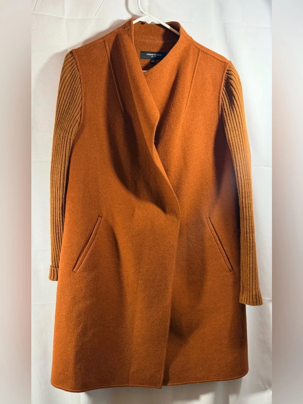 Kenneth Cole Rust-Brown Wool Blend Pea Coat with Ribbed Sleeves Size Medium